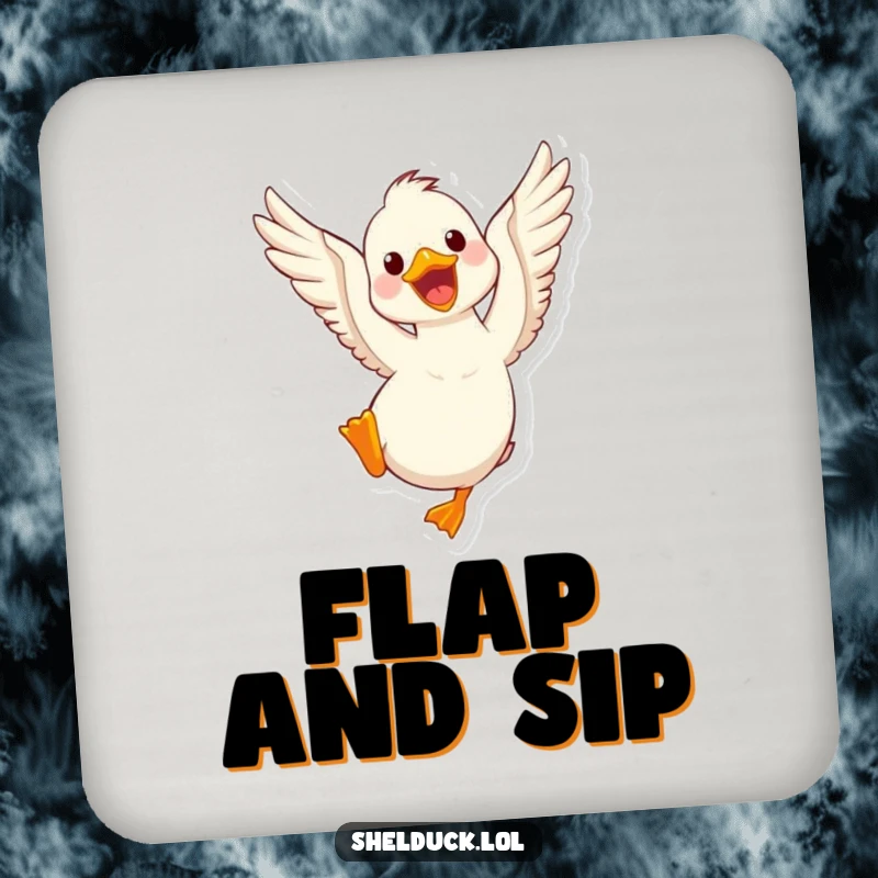 Funny shelduck coaster featuring a cute bird flapping its wings, a humorous and practical accessory for any table setting