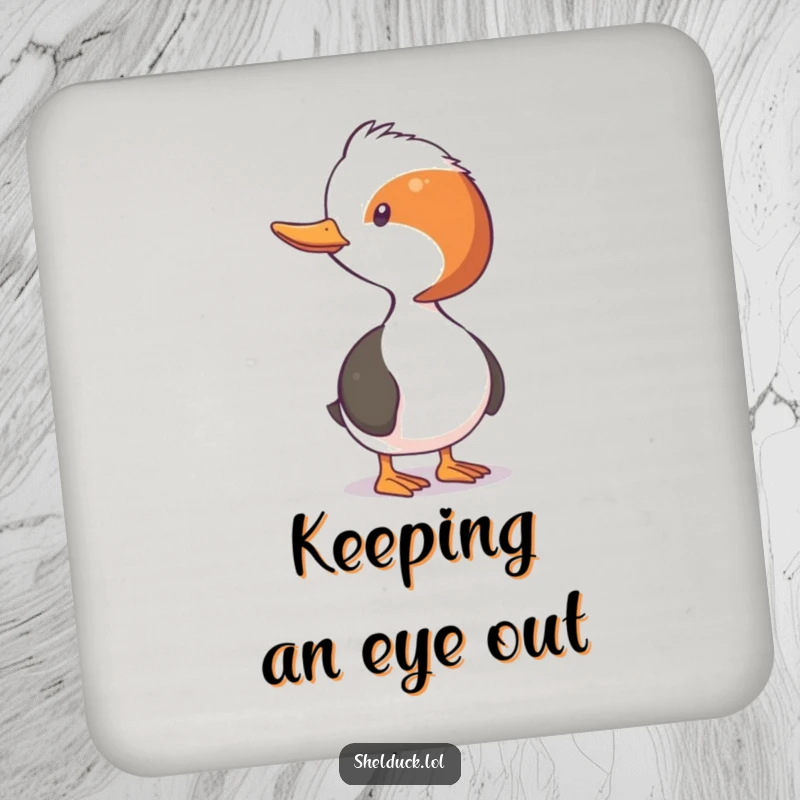 Funny Shelduck Coaster: A shelduck with neck stretched in a funny, observant pose, protecting surfaces with humor.