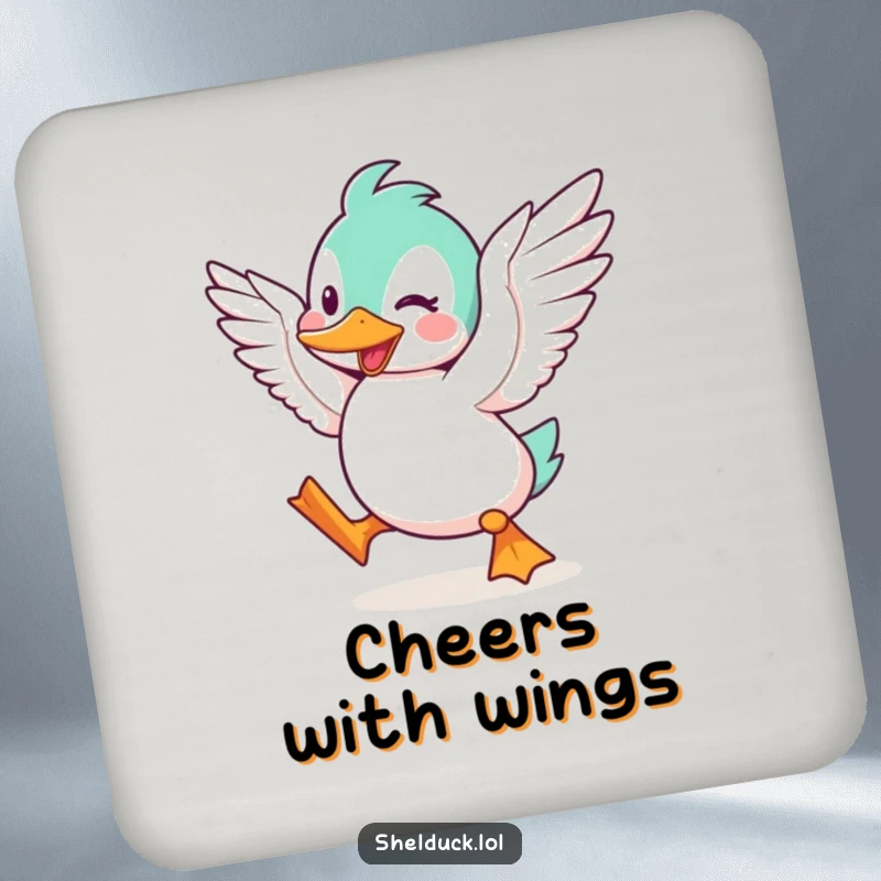 Funny Shelduck Coasters, set of coasters featuring a cute cartoon bird flapping its wings with excitement, protecting tables.