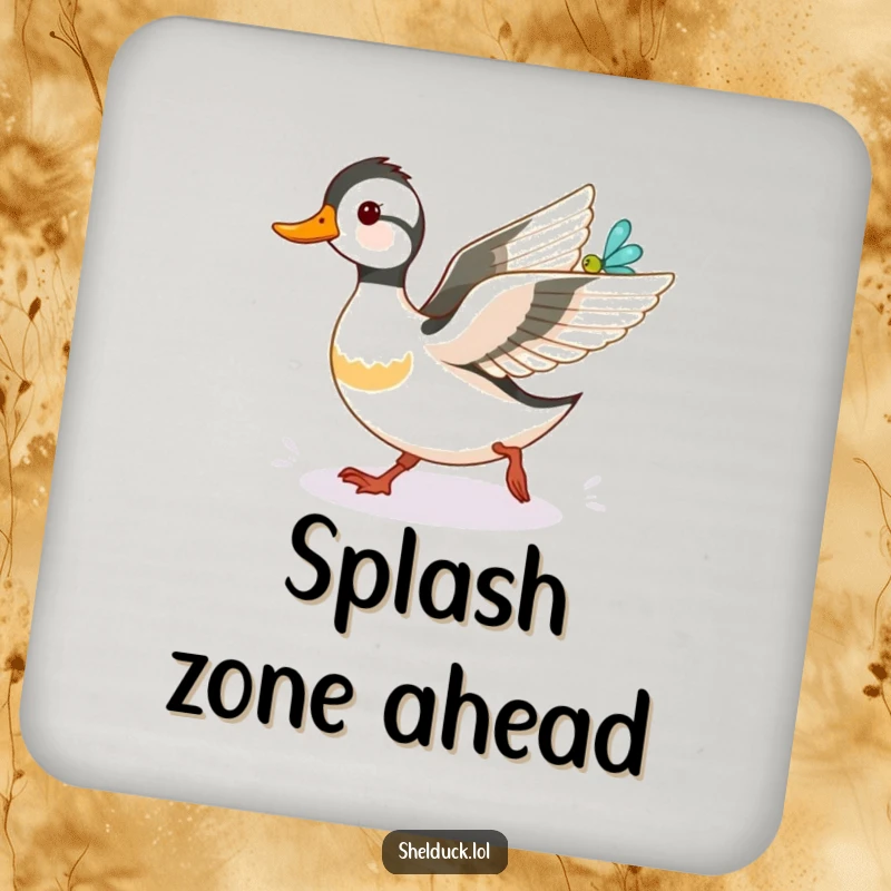 Funny shelduck drink coaster, comically chasing a dragonfly, offering a touch of whimsical humor to protect tables.