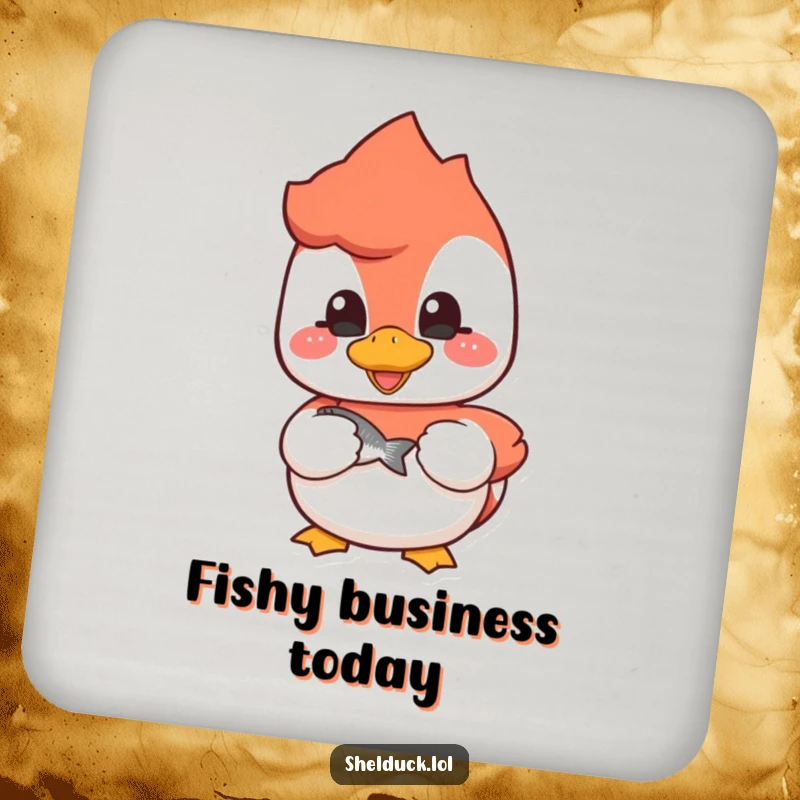 Funny shelduck coasters with a cheerful bird holding a fish, protecting surfaces with humor.
