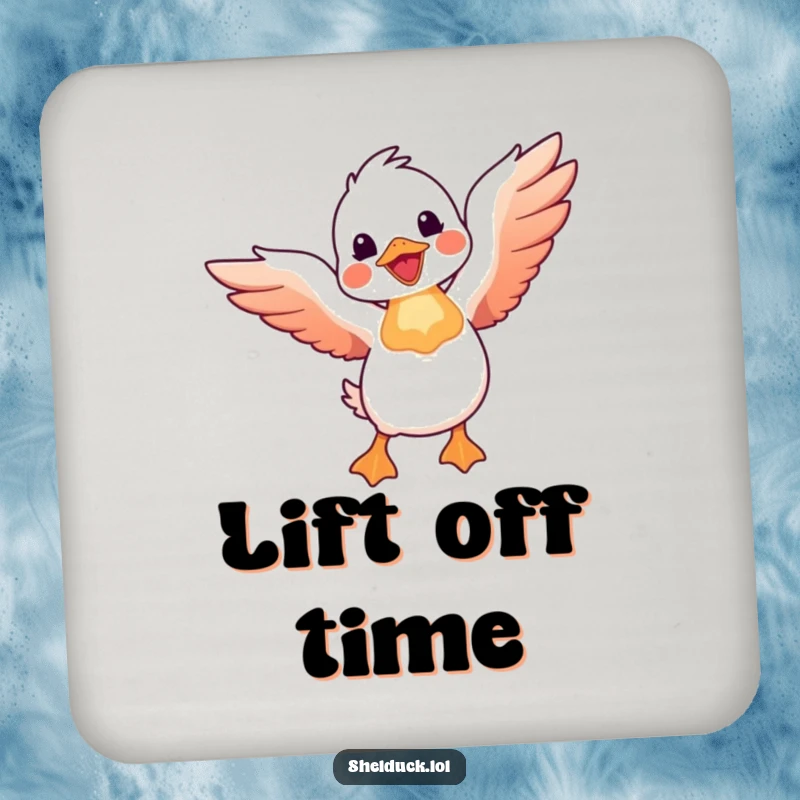 Funny shelduck drink coaster illustrated with a shelduck bird joyfully taking flight with wings spread wide, a humorous protective accessory.
