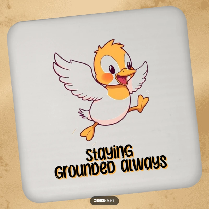 Funny Shelduck Coaster: A humorous image of a shelduck bird attempting short flight hops, protecting furniture with wit and charm.