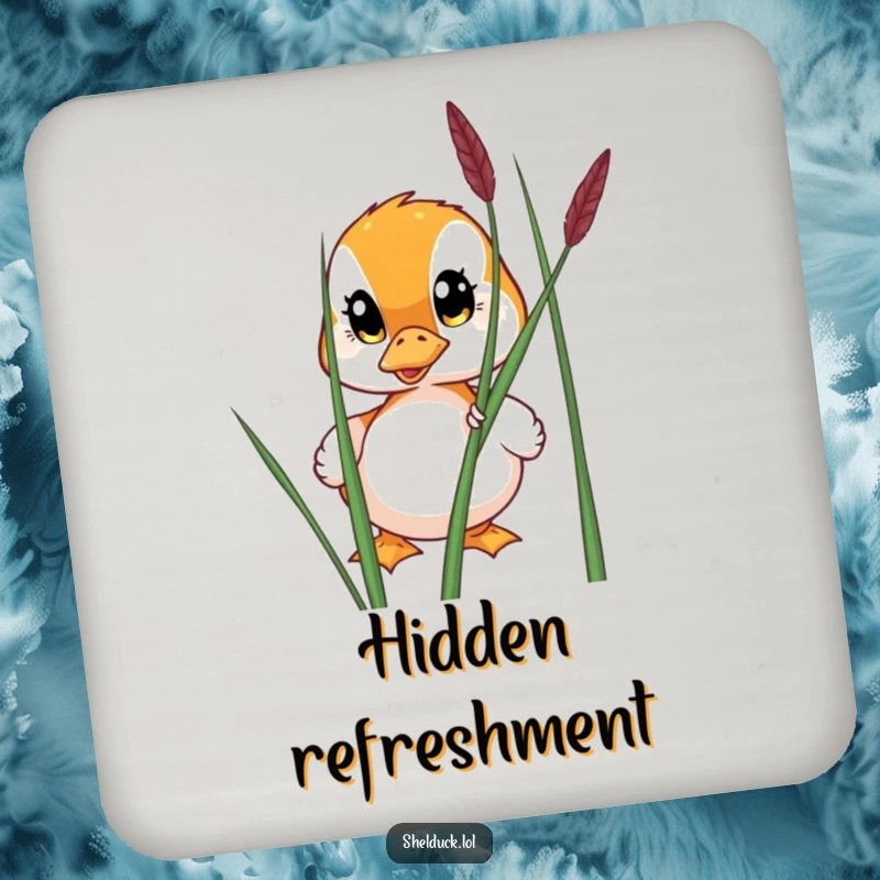 Funny drink coaster featuring a shelduck with wide eyes peeking from behind a reed, adding curious charm to any surface.