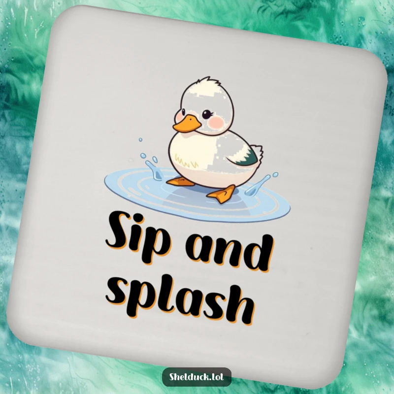 Funny shelduck coaster featuring a cute bird playfully splashing water in a puddle, a humorous and functional accessory for any table