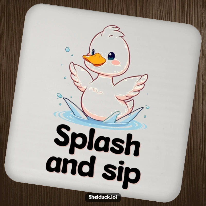 Funny shelduck coasters, set of coasters with a smiling bird splashing water with its wings, humorous home accessory.