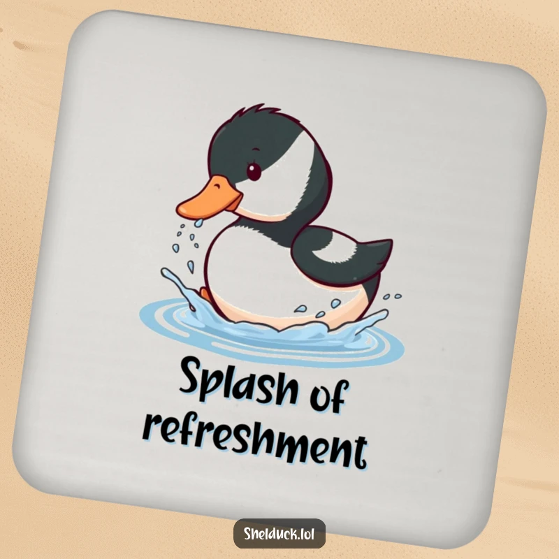 Funny drink coaster featuring a shelduck bird playfully splashing water with its beak, adding playful charm to any surface.