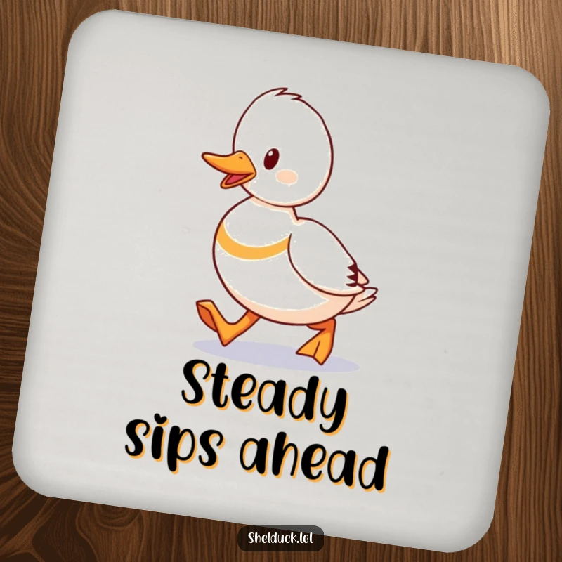 Funny Shelduck Waddling Drink Coaster showing a duck striding with determination, a humorous and protective accessory.