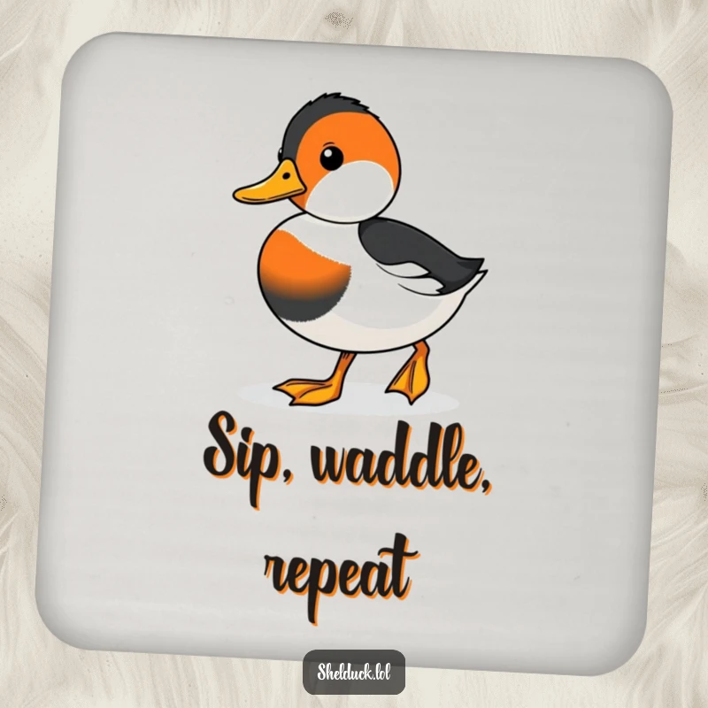 Funny drink coaster featuring a cute shelduck waddling with purpose, adding a touch of determined humor to any surface.
