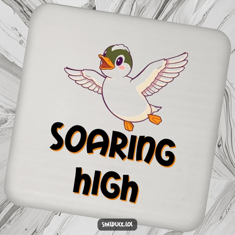 Funny Shelduck Coasters featuring a shelduck in joyful flight, protecting surfaces with a humorous and charming avian design.