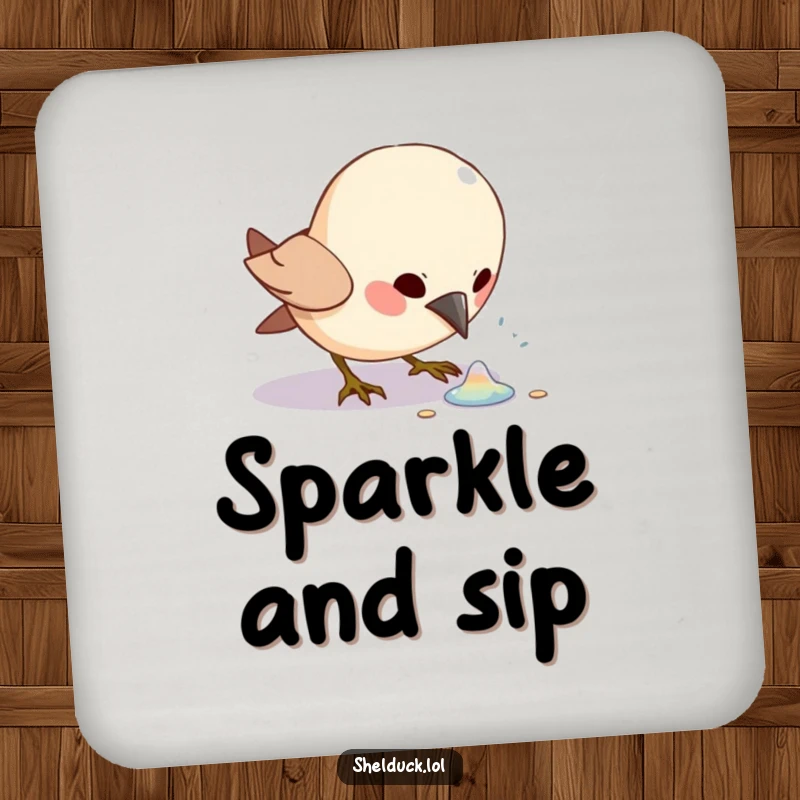 Funny bird character intently pecking at a shiny object, depicted on a protective drink coaster.