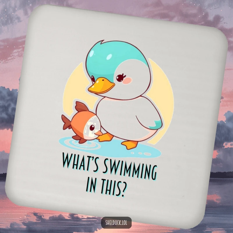 Funny Shelduck Coasters (Set of 4) depicting a cute duck character curiously looking at a small fish, perfect for nature lovers.