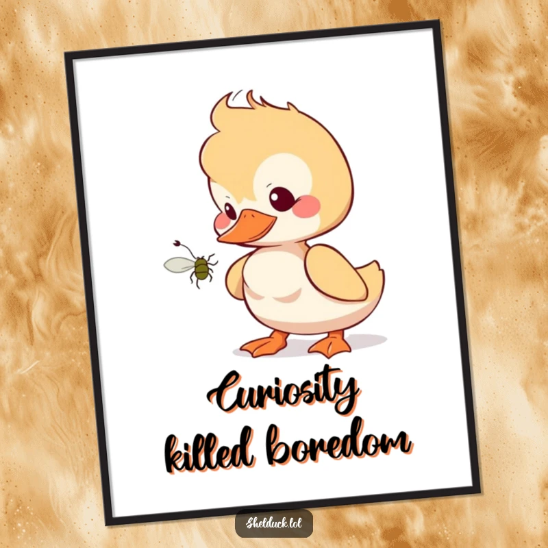 Funny shelduck poster featuring a bird tilting its head to observe a bug, artistic and humorous wall decor.