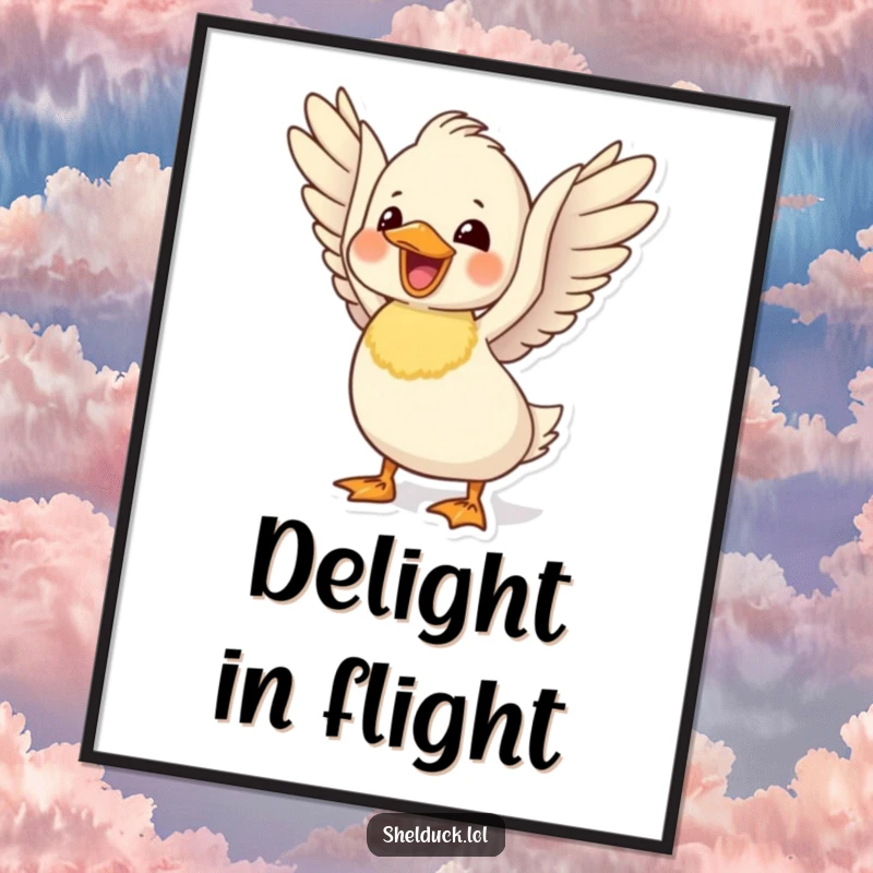 Funny delighted shelduck poster of a cute bird flapping its wings with pure joy, creating uplifting and amusing decor.