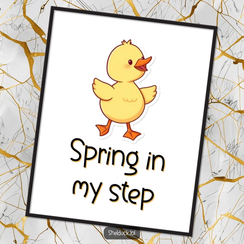 Funny duckling with prominent webbed feet waddling with great enthusiasm, a vibrant poster for wall decoration.