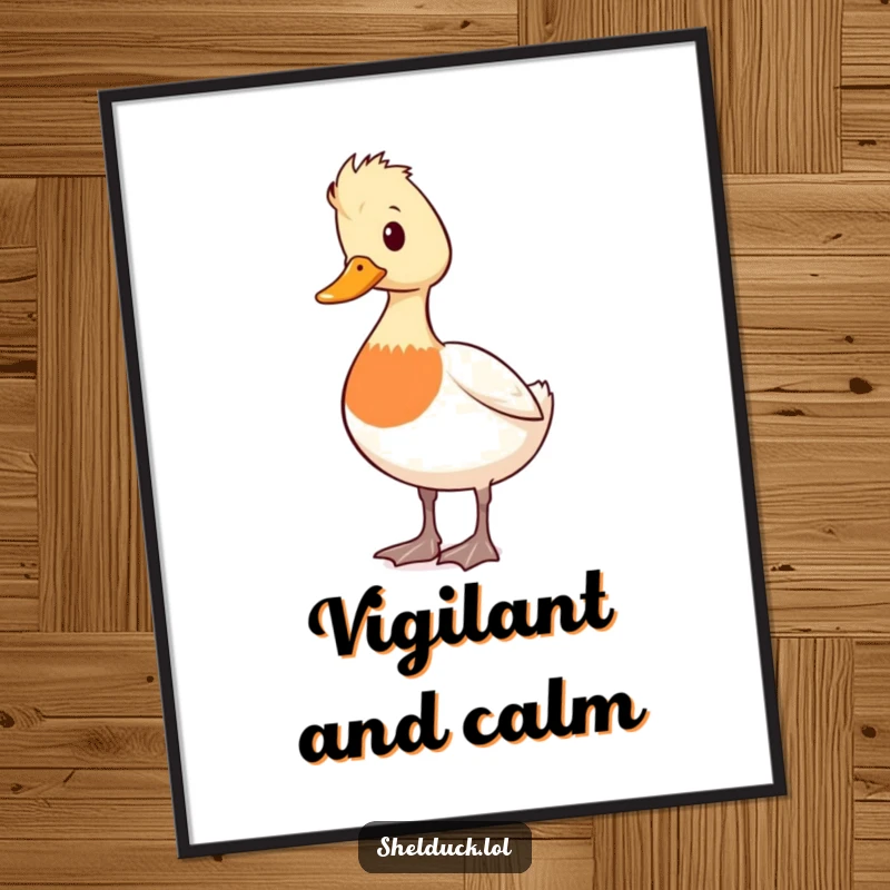 Funny shelduck poster featuring a cute duck character standing tall and alert, looking around with a vigilant and curious expression.