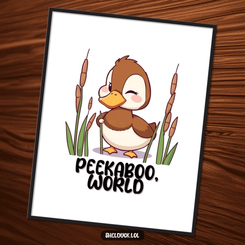 Funny Poster of a playful shelduck bird with a mischievous grin, winking from behind reeds.