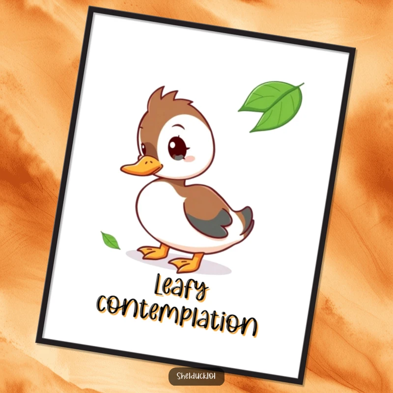 Funny Poster of a curious shelduck bird tilting its head, looking at a floating leaf.