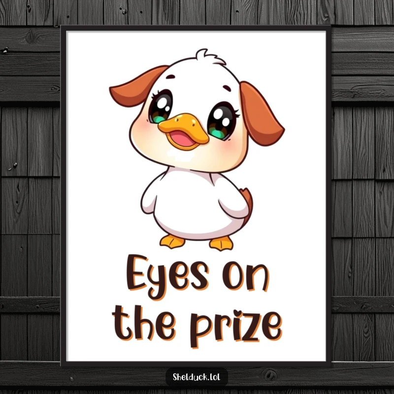 Funny shelduck poster showcasing a cute bird with a curious expression and wide eyes, conveying innocence and a thirst for knowledge