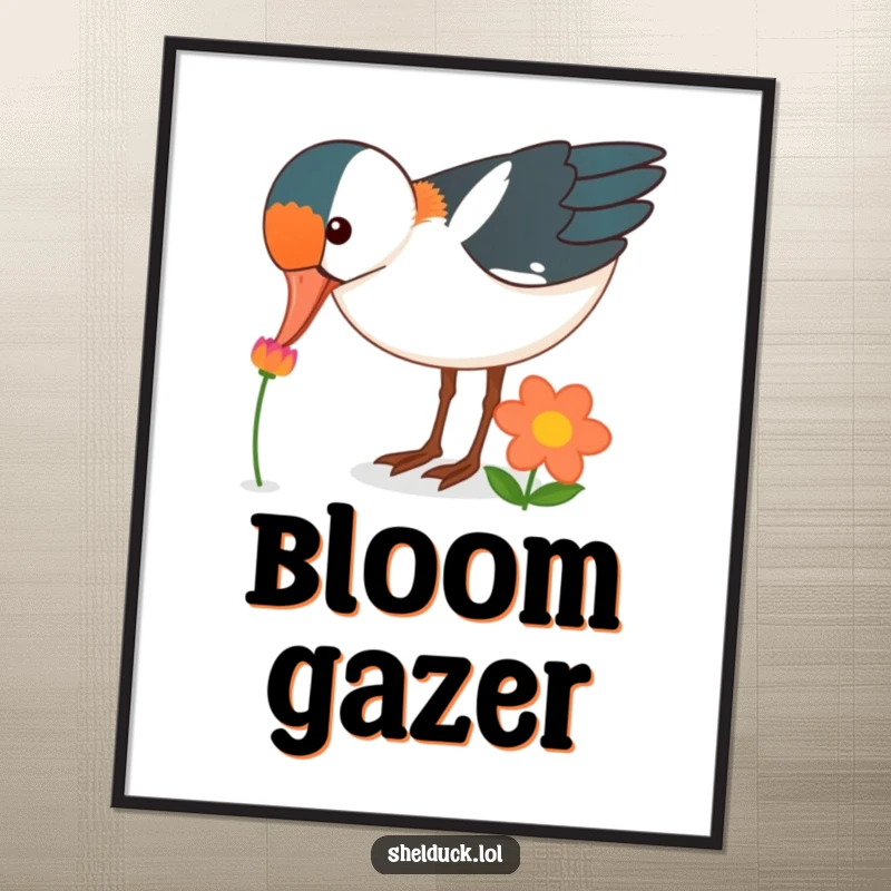 Funny shelduck bird poster, curiously pecking at a brightly colored flower, garden decor, ideal funny gift.