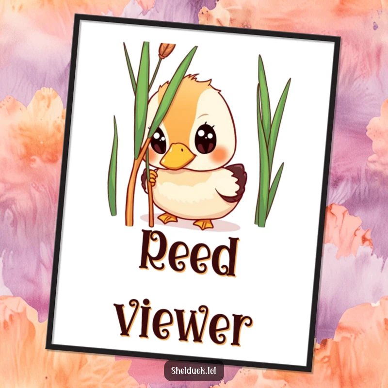 Funny shelduck art print, wide-eyed bird peeking from behind reed, humorous wall decor, curiosity theme, gift for art lovers.