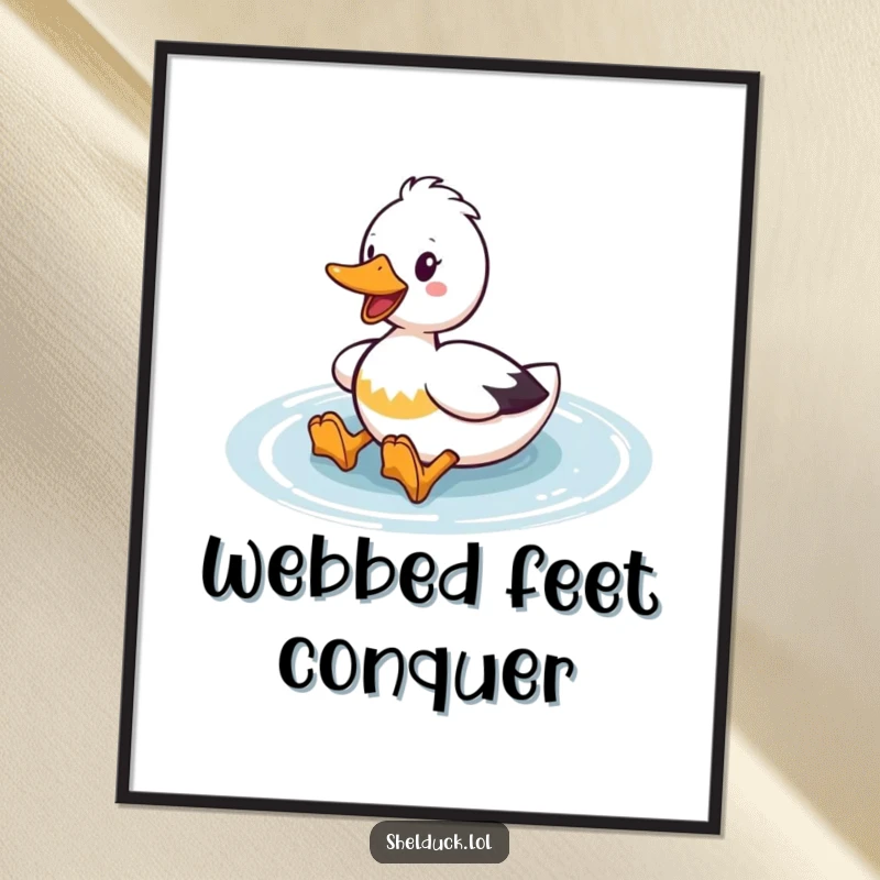 Funny Shelduck Poster: Artwork depicting a shelduck enthusiastically paddling through water, showcasing its webbed feet and joyful motion.