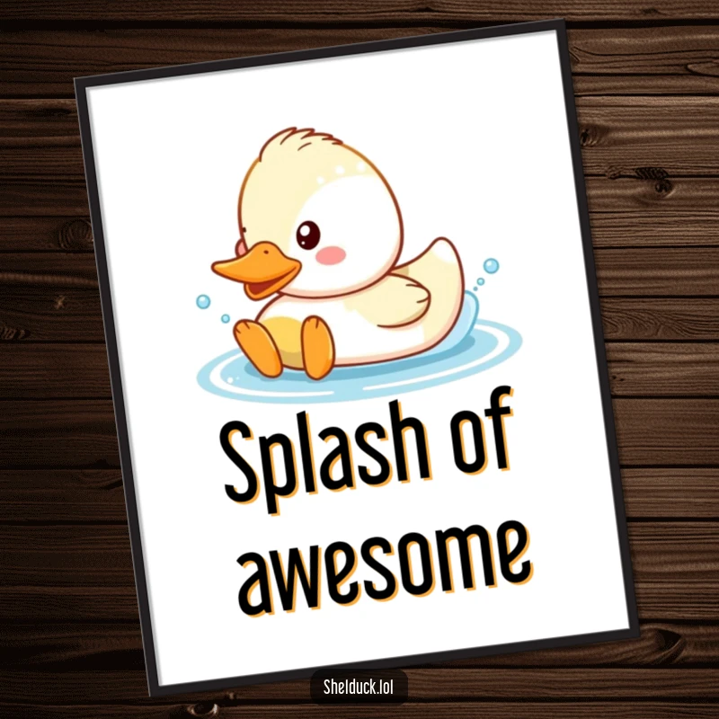 Funny Shelduck Poster featuring a cute duck character happily splashing in water with vibrant energy.