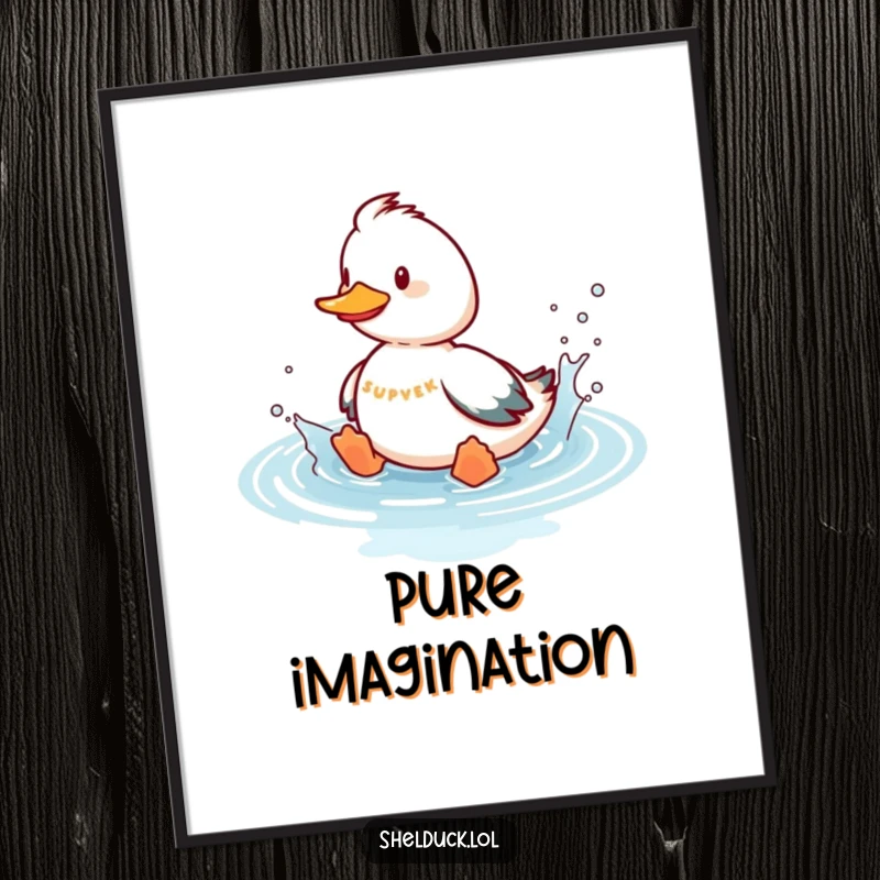 Funny shelduck poster illustrating a playful bird splashing joyfully in imaginary water, conveying a humorous and aquatic scene.