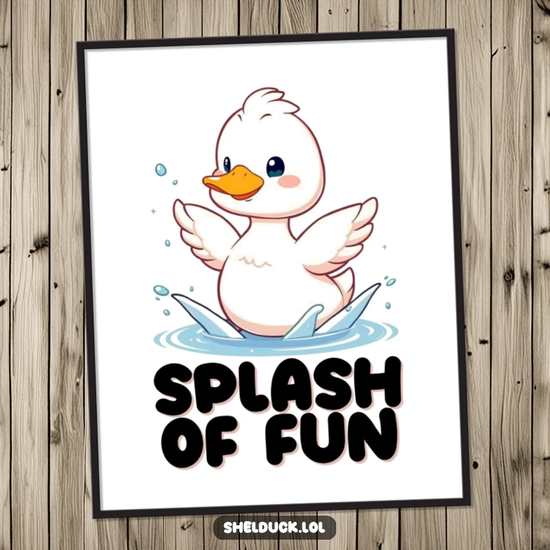 Funny shelduck poster, smiling bird playfully splashing water with its wings, whimsical aquatic art, humorous decor.