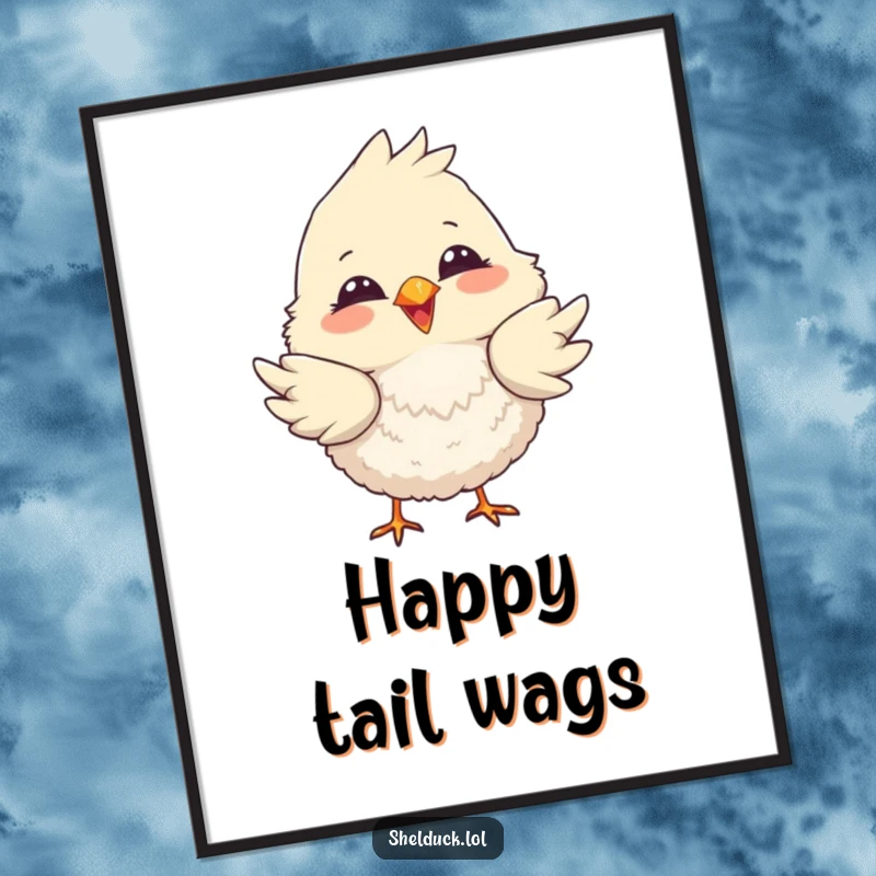 Funny poster of a fluffy bird with a big smile, playfully dipping its tail feathers, radiating joy and whimsy.