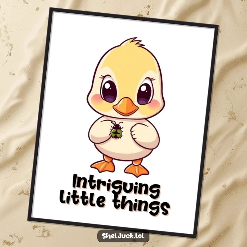 Funny shelduck poster showing a bird with wide, curious eyes focused intently on a tiny bug.