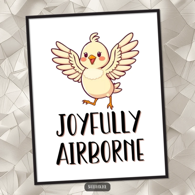 Funny poster of a cheerful bird hopping high with its wings spread wide, symbolizing boundless joy and freedom.