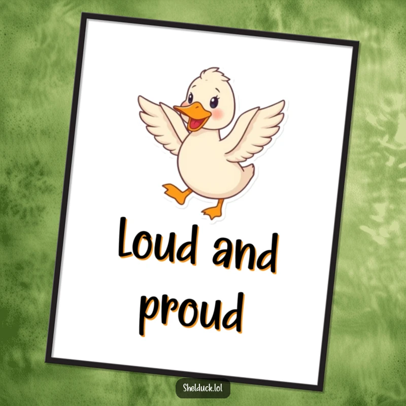 Funny shelduck poster displaying a cute bird happily quacking and flapping its wings with unrestrained joy.