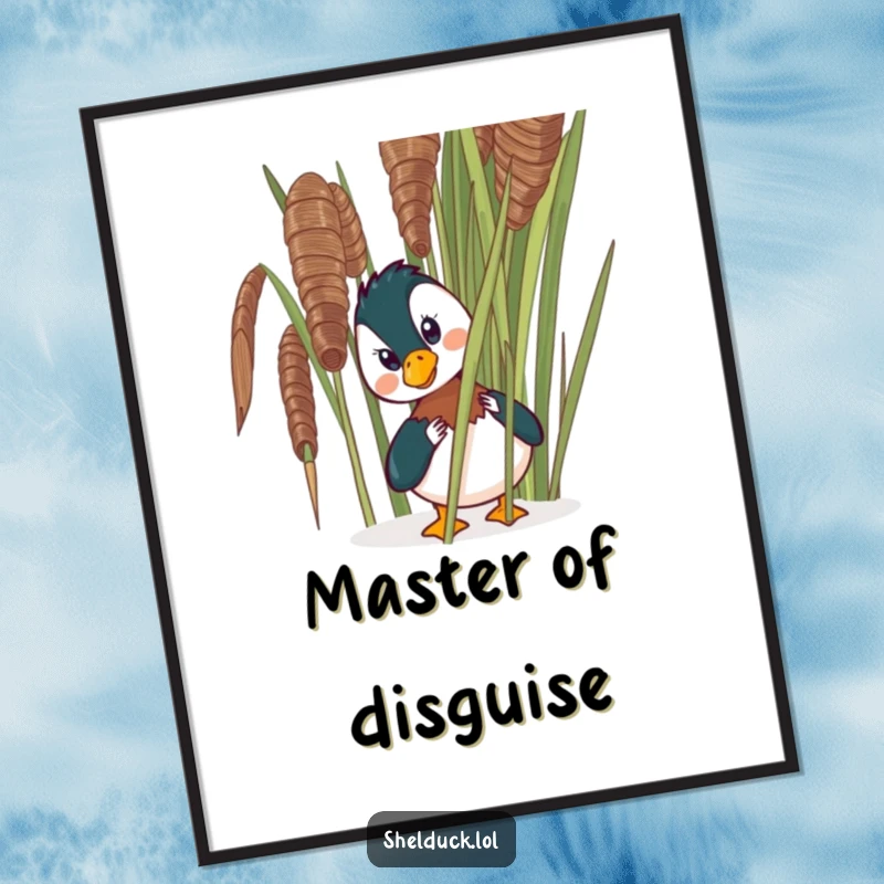 Funny shelduck poster illustrating a comical bird peeking from behind a large reed, conveying a humorous and secretive scene.