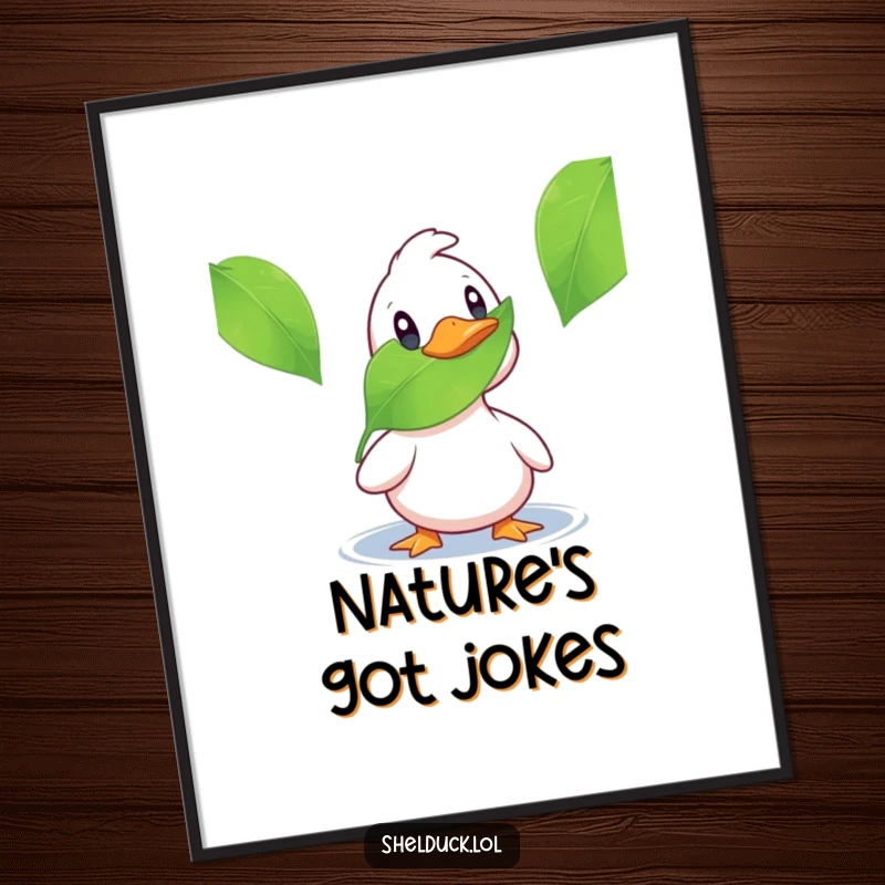 Funny shelduck poster print depicting a duck's wide-eyed surprise at a simple floating leaf, adding humor to walls.
