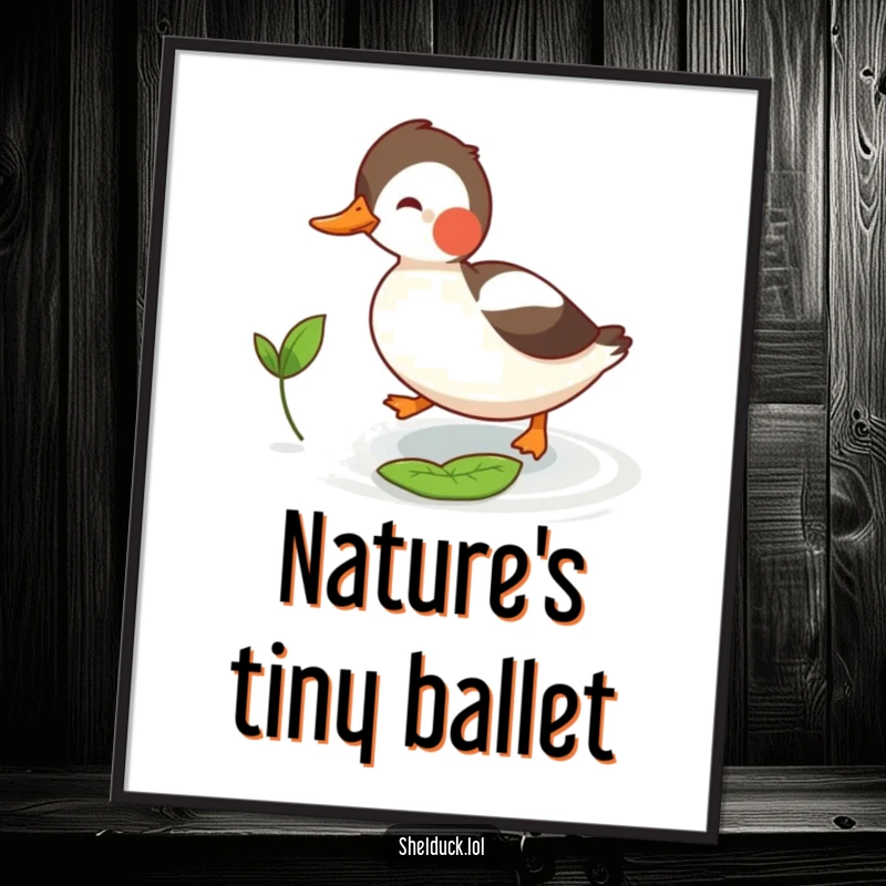 Funny shelduck poster capturing a bird playfully chasing a small leaf, a charming piece of humorous wall art.