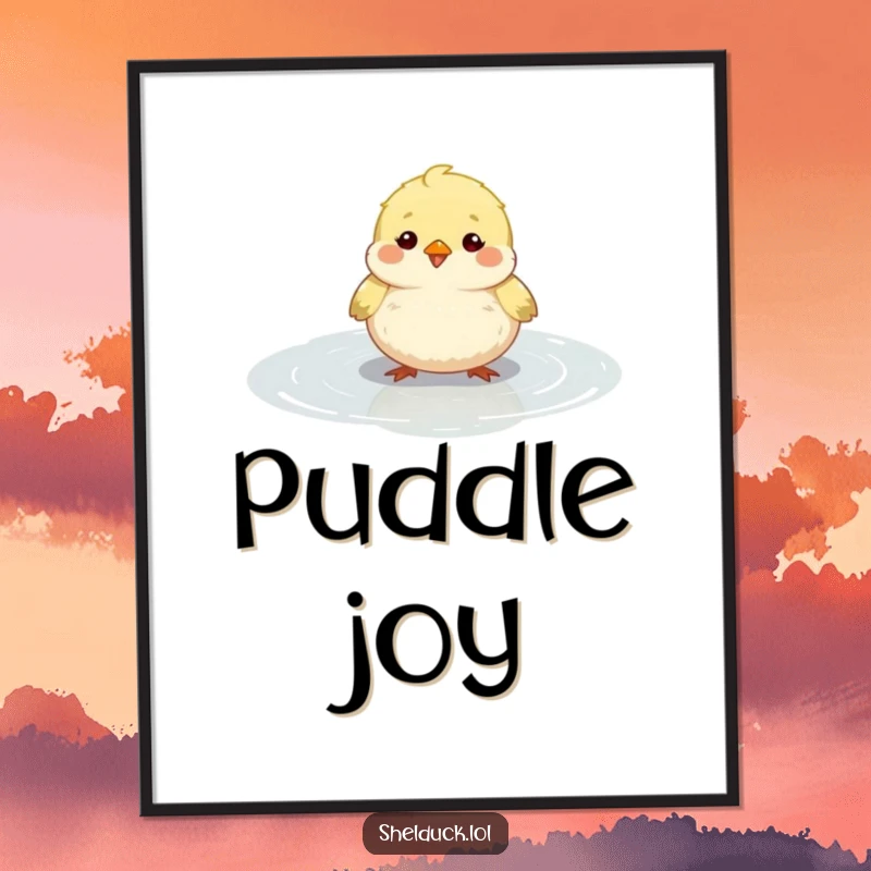 Funny small round bird poster, fluffy, happily bobbing in a shallow puddle, cute wall decor, ideal funny gift.