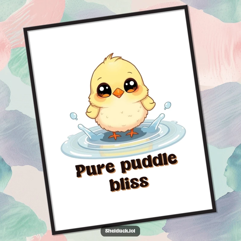 Funny poster art of a small, fluffy bird with large, curious eyes joyfully splashing in a puddle, creating a scene of pure delight.