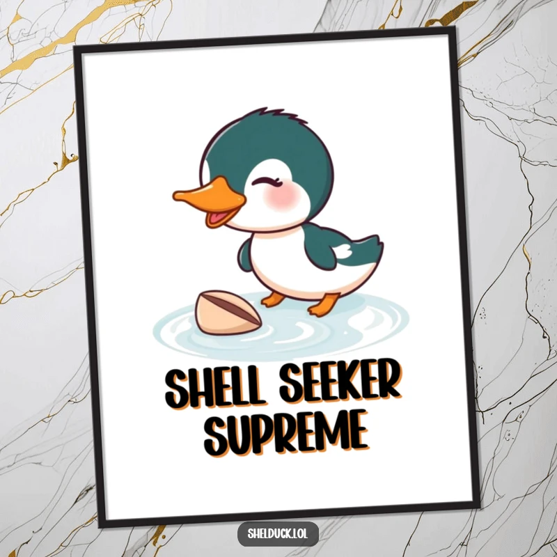 Funny Shelduck Diving Poster: A humorous artwork of a shelduck energetically diving for a shell, perfect for a funny gift.