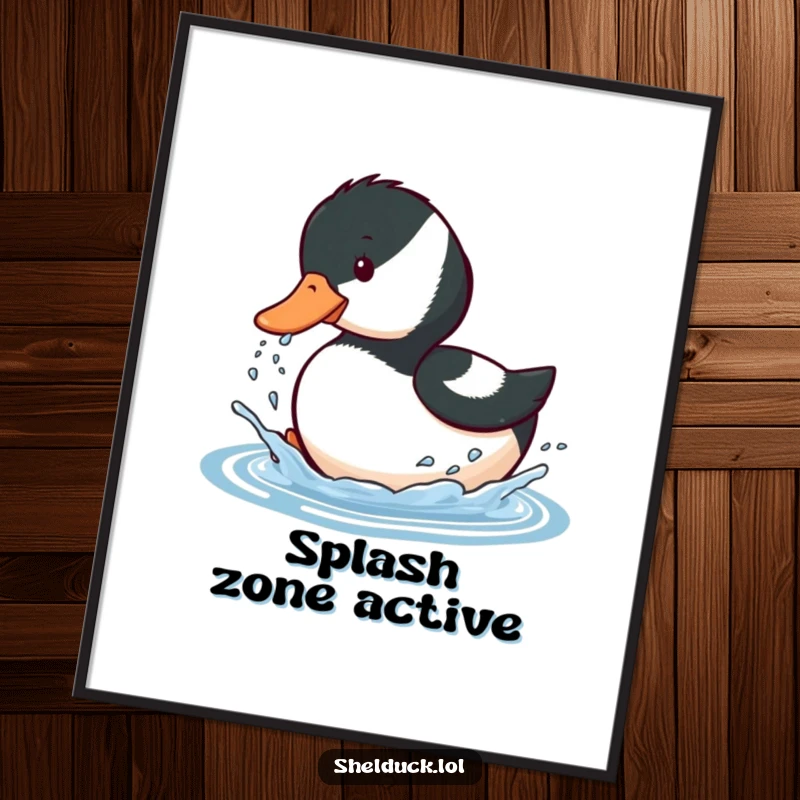 Funny poster depicting a shelduck bird playfully splashing water with its beak, bringing a sense of aquatic fun to any room.