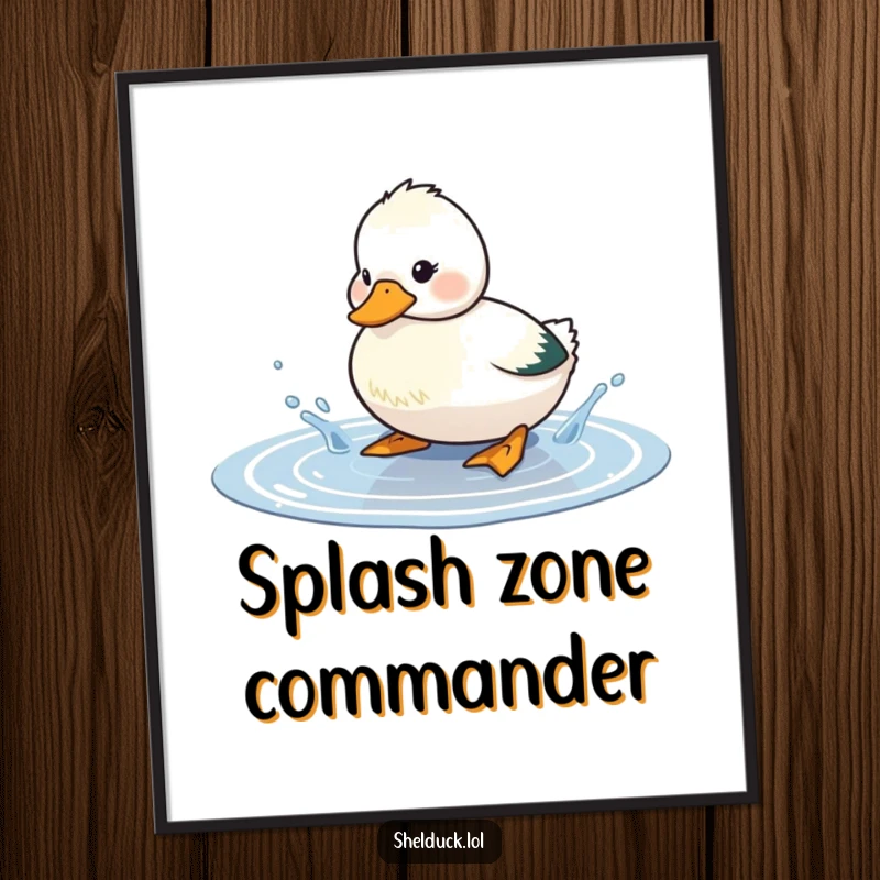 Funny shelduck poster depicting a cute bird playfully splashing water in a puddle, a humorous and joyful piece of art