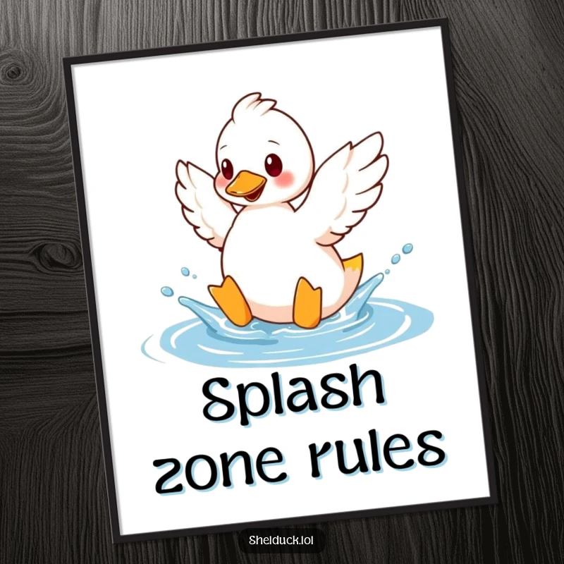 Funny shelduck poster featuring a bird humorously splashing water with its wings, ideal for vibrant wall decor.