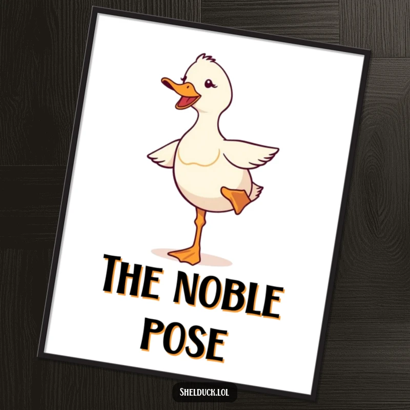 Funny shelduck poster depicting a cute bird comically attempting to balance on one leg, a humorous and delightful piece of art
