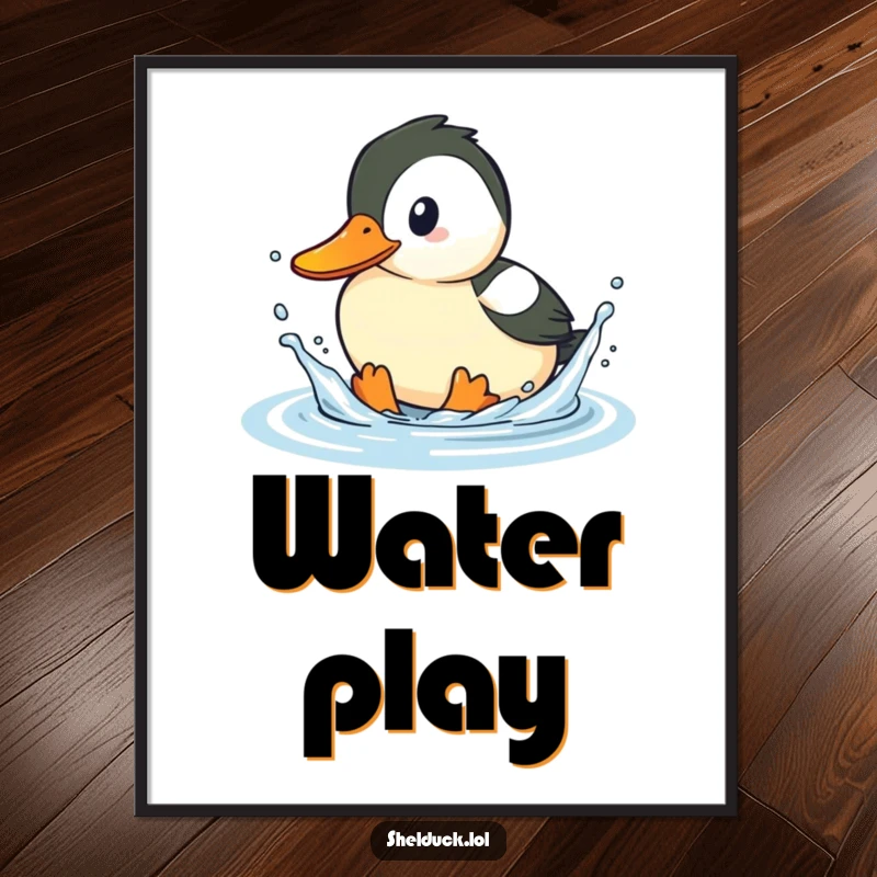 Funny shelduck art print, playful bird splashing water with beak, humorous wall decor, aquatic theme, gift for art lovers.
