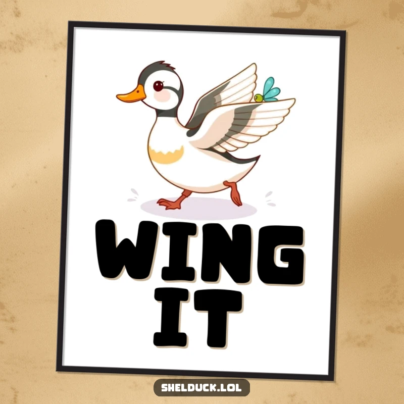 Funny shelduck poster, in mid-chase with a shimmering dragonfly, capturing a dynamic and humorous wildlife moment for wall decor.