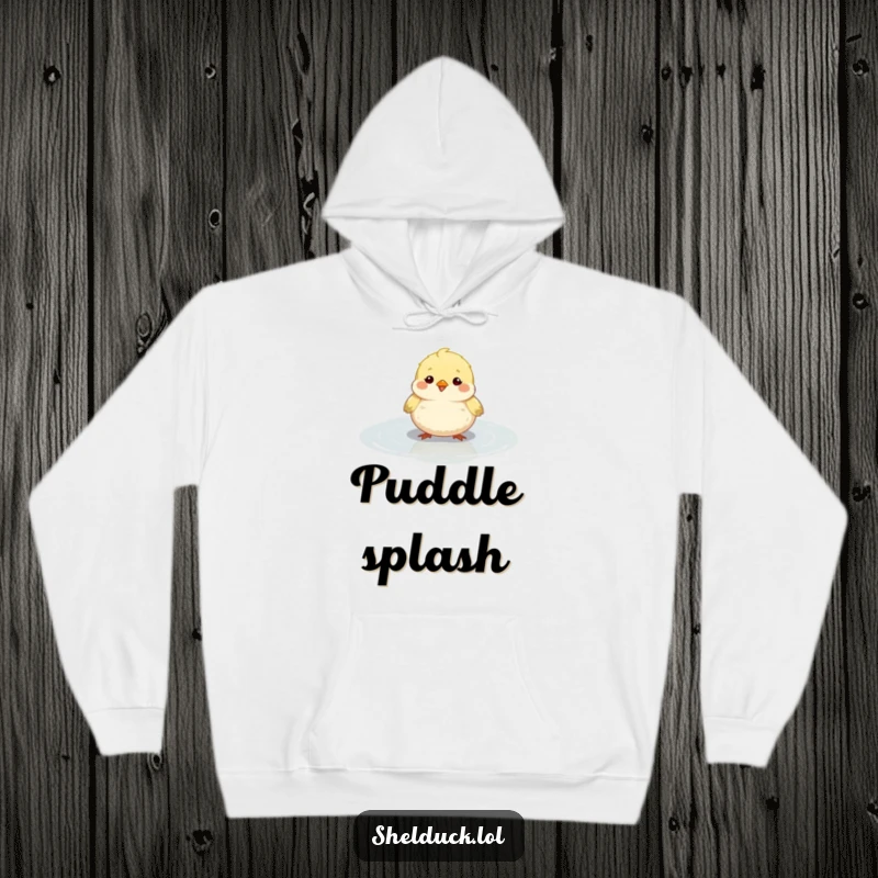 Funny small round bird hoodie, fluffy, happily bobbing in a shallow puddle, cozy, warm, perfect funny gift.