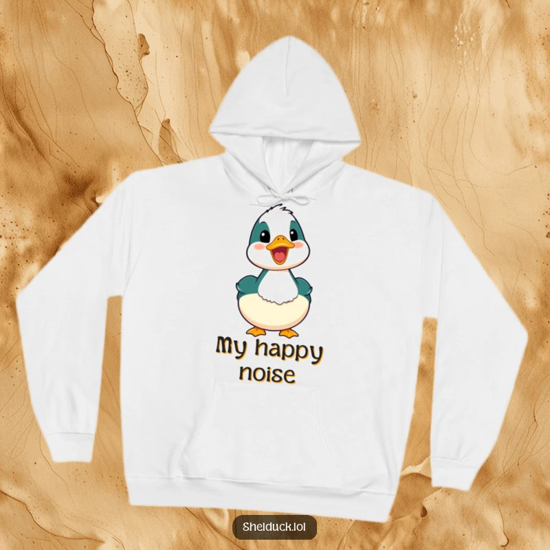 Funny shelduck hoodie depicting a bird with its mouth open in a happy quack, offering warmth and humor.