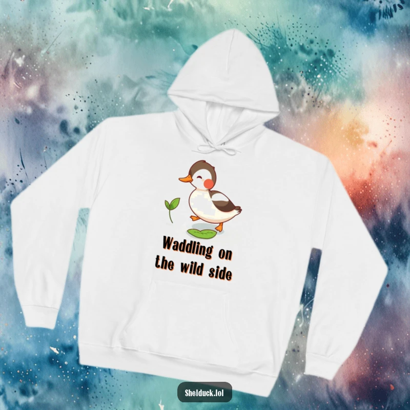 Funny shelduck hoodie depicting a playful bird intently chasing a small floating leaf, a humorous depiction of focus.