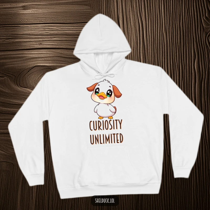 Funny shelduck hoodie depicting a cute bird looking upwards with wide, curious eyes, ideal for comfort and contemplation