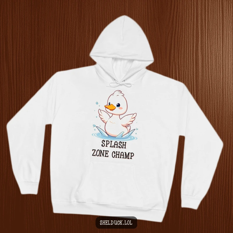 Funny shelduck hoodie, cozy smiling bird playfully splashing water with its wings, warm and humorous apparel.